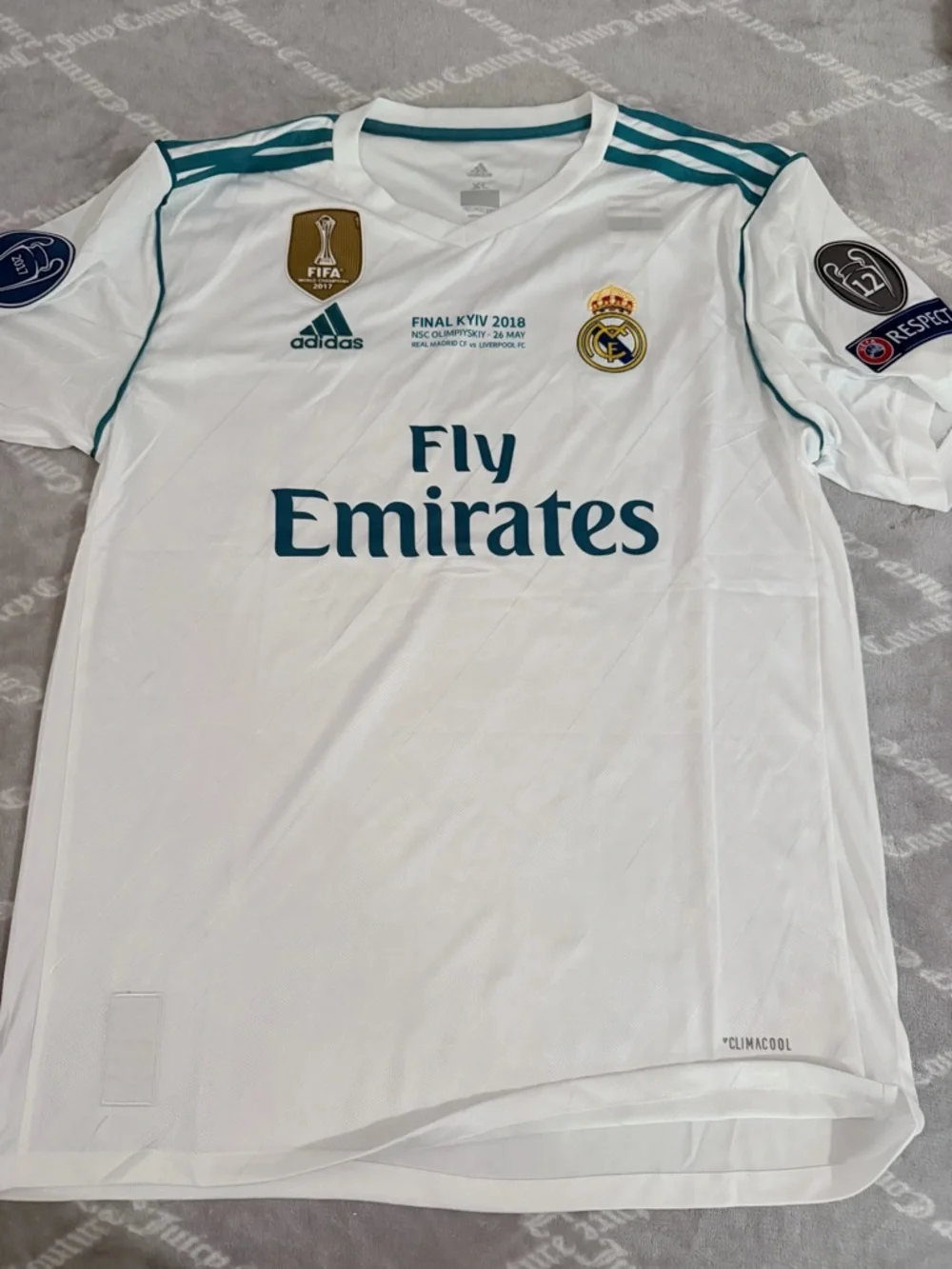 adidas White and Teal Real Madrid Final Kyiv 2018 Match Jersey